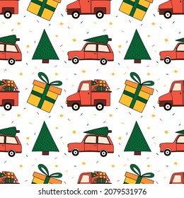Christmas pattern with cars, gifts atd trees