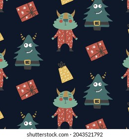 Christmas pattern with cartoon characters. Christmas monsters.