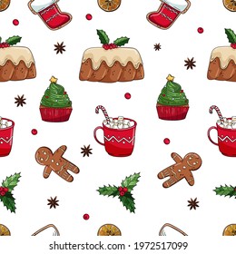 Christmas pattern with cartoon decor. Seamless. Muffins, gingerbread, icing, hot chocolate. Vector illustration