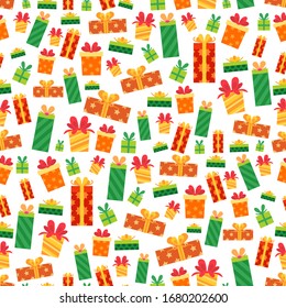 Christmas pattern with cartoon gift boxes. Seamless with colorful present box. Vector holiday background with decor. Happy new year