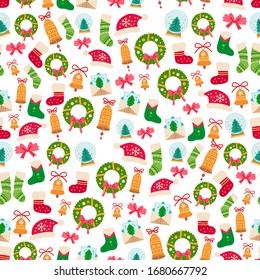 Christmas pattern with cartoon home decoration. Seamless with colorful for present box. Vector holiday background with decor. Happy new year