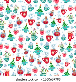 Christmas pattern with cartoon winter hot drinks. Seamless with chocolate cocktail and sweets. Xmas bar menu. Vector holiday background with food. Happy new year