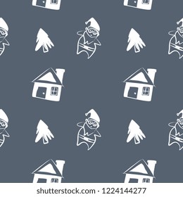 Christmas pattern with childish drawing doodle creative white and purple background.