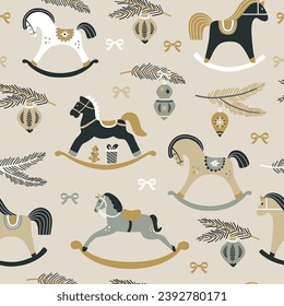 Christmas pattern with childish rocking horses on beige background. Pine branch. Holiday design for Textile, Fabrics, Wrapping paper, Gift boxes.