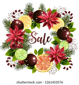 Christmas pattern of citruses. balls and ornamental plants. Pattern with text.