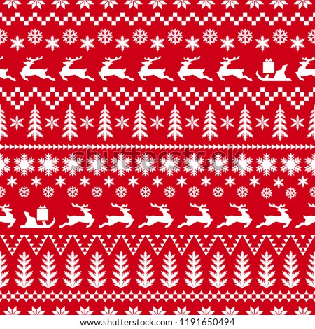 Christmas pattern in classic red and white colors. Winter illustration with deer, sleigh with gifts, Christmas trees, snowflakes and geometric ornaments. Background for your design.