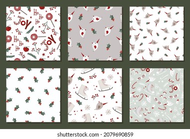 Christmas pattern collection with holly, snowflakes, birds, twigs and Christmas trees in organic hand drawn style. Vector stock illustration