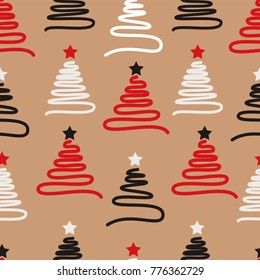 Christmas pattern with colorful stylized fur tree, drawn with one mono line and with Christmas star on the top of the fir tree. Vector illustration. For design projects of different types.