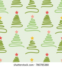 Christmas pattern with colorful stylized fur tree, drawn with one mono line and with Christmas star on the top of the fir tree. Vector illustration. For design projects of different types.