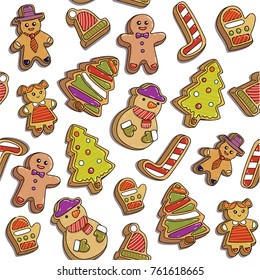 Christmas pattern with colorful vector celebration essentials. Gingerbread people, snowman, candy cane, christmas tree