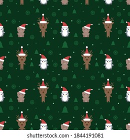 Christmas pattern, colorful winter background with penguin, bear and deer