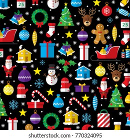 Christmas pattern composed of new year icons and symbols. Flat style art icons set isolated on black background.