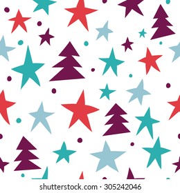 Christmas pattern with confetti, stars and Christmas trees. Simple background for your design.