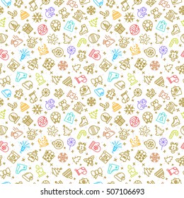 Christmas pattern consisting of gold and color line icons such as santa, deer, christmas ball, gift, snowflake on snow holiday background. Happy New Year. Vector Illustration