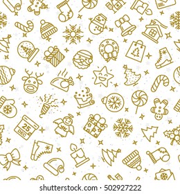 Christmas pattern consisting of gold line icons such as santa, deer, christmas ball, gift, snowflake on winter holiday background. Happy New Year. Vector Illustration