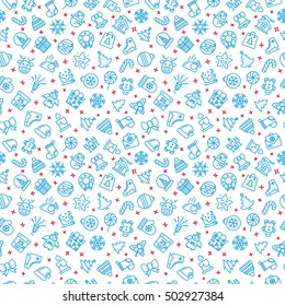 Christmas pattern consisting of line color icons such as santa, deer, christmas ball, tree, gift, snowflake on winter holiday background. Merry X-Mas Happy New Year. Vector Illustration