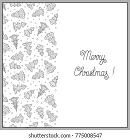 Christmas Pattern Continuous to Right and to Left. Template with Black and White Contour Ornament of New Year Trees for Postcard, Greeting, Card, Invitation, Congratulation, Wish.
