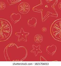 Christmas pattern: contour elements on a background, poinsettia, snowflakes, gift, gingerbread in the shape of a heart and a star, orange. Handmade doodle, vector.