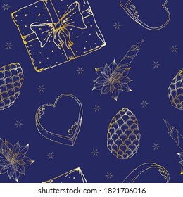 Christmas pattern: contour elements on a background, poinsettia, snowflakes, gift, gingerbread in the shape of a heart and a star, orange. Handmade doodle, vector.