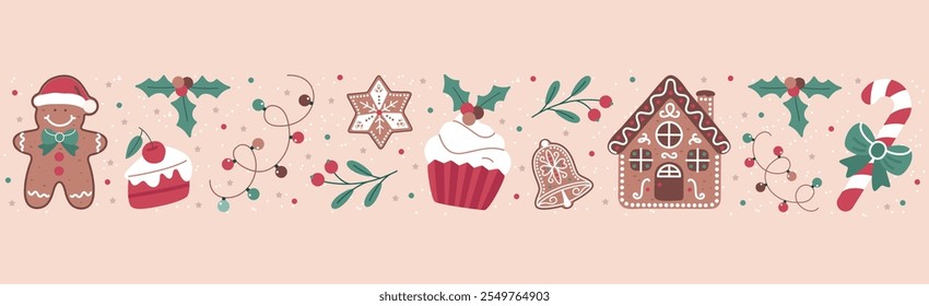Christmas pattern with a cookie, lollipop, cupcake, gingerbread man, and house