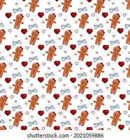 christmas pattern with cookies red heart and blue bow on transparent background