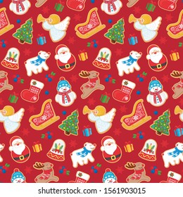 CHRISTMAS PATTERN WITH COOKIES SANTA, SNOWMAN, CHRISTMAS TREE, STOCKING, DEER, BEAR, SLEIGH, LITTLE GIFTS, SNOWFLAKES AND BARRIES ON THE RED BACKGROUND