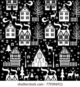 Christmas pattern with cottages, trees, deer and church. Vector illustration.