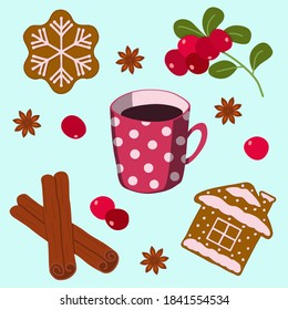 Christmas pattern with cowberry, cup of tea, cinnamon and ginger cookies, flat vector illustration
