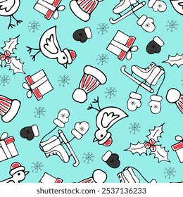 Christmas pattern with cozy mittens, ice skating dream and red berries on frosty blue background. Vector. For printing, packaging, textiles.