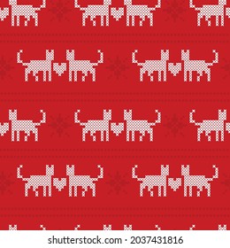 Christmas pattern cross-stitch cats in love with snowflakes on a red background