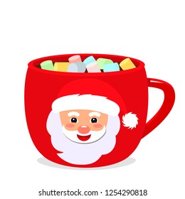 Christmas pattern. A cup of hot chocolate with marshmallows and the face of Santa Claus. flat vector illustration isolated on white background
