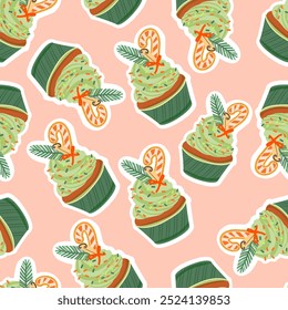 Christmas pattern with cupcake with candy cane, cinnamon. Winter holiday design for greeting card, invitation, cover, calendar, social media posts, menu, fabric, print