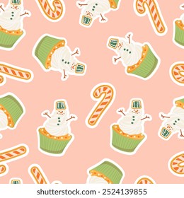 Patrón de Navidades con cupcake en forma de muñeco de nieve con bastón de caramelo. Diseño de vacaciones de invierno para tarjeta de felicitación, invitación, cubierta, calendario, publicaciones de redes sociales, menú, tela, impresión