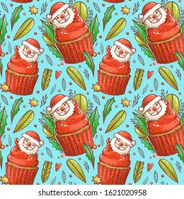 Christmas pattern with cupcake on blue background. Kawaii cupcake with red cream, branch, leaf, cute head of Santa. Christmas design of packing paper, parfum, chocolate