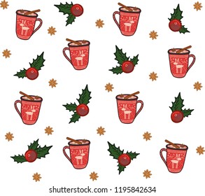  Christmas pattern of cups with cocoa and red berries.Vector pattern (background).
