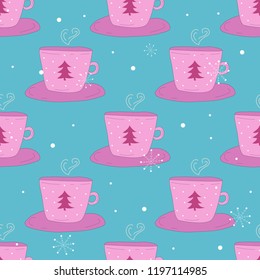 Christmas pattern with cups of cocoa and snowflakes. New Year's background