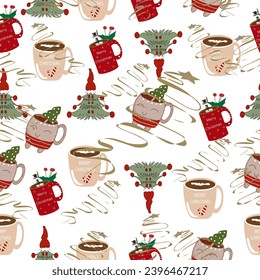 Christmas pattern with cups.Vector,holiday ,cartoon elements.Wrapping paper for New Year 2025.