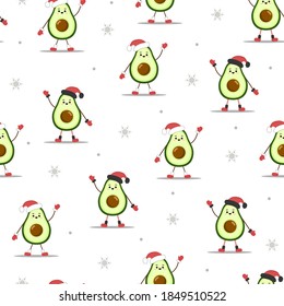 Christmas pattern with cute avocado in santa hat. Season greetings. Vector illustration in cartoon style. Holiday design for wrapping paper, textiles, fabric.