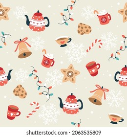 Christmas pattern with cute bells, teapots and cups. Festive background with hand drawn elements, vector illustration