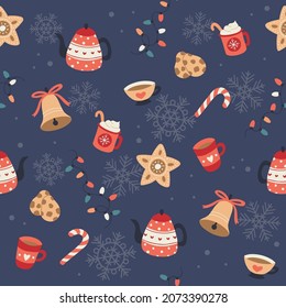 Christmas pattern with cute bells, teapots and cups. Festive background with hand drawn elements, vector illustration