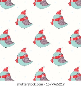 Christmas pattern with cute birds wearing bobble hat and scarf surrounded by stars to welcome Christmas and New year.Good for Christmas and New year cards, wallpaper or wrapping paper gift.