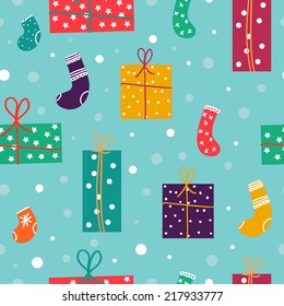 Christmas pattern with cute birds in winter style and presents. Vintage style. Cute illustration can be used for cards, wallpaper or textile. Holiday pattern for your design. 