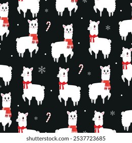 Christmas pattern. Cute cartoon llama alpaca for Christmas. Vector graphics