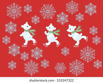  Christmas  pattern with cute cartoon polar bears on skates and silver snowflakes on red background.

