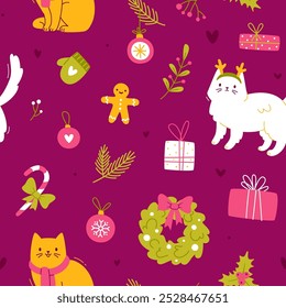 Christmas pattern with cute cats and decoration. Vector seamless print with cartoon cats.