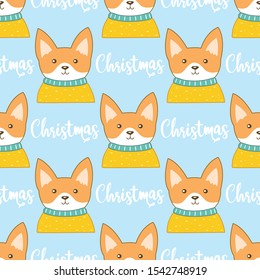 Christmas pattern with cute Corgi dog. Decorative cute seamless print.