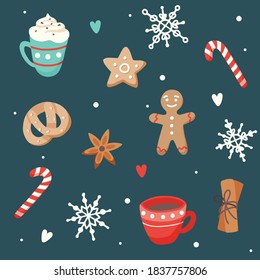 Patrón navideño con tazas y galletas de jengibre, ilustración vectorial de estilo plano
