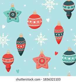 Christmas pattern with cute decorations, vector illustration in flat style