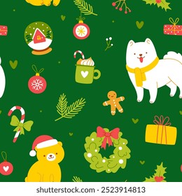 Christmas pattern with cute dog and festive decoration. Seamless vector print with xmas pets.