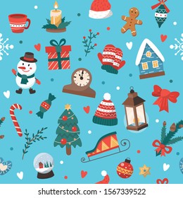 Christmas pattern with cute elements. Vector illustration in flat style
